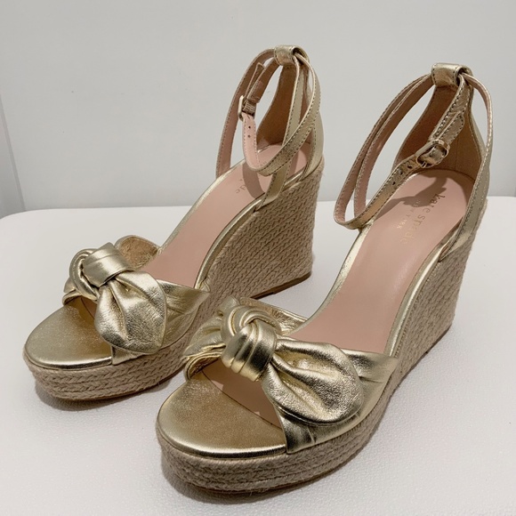 Kate Spade Tianna Espadrille Wedges Metallic Gold Leather Platform Sandals Pumps - Picture 9 of 16